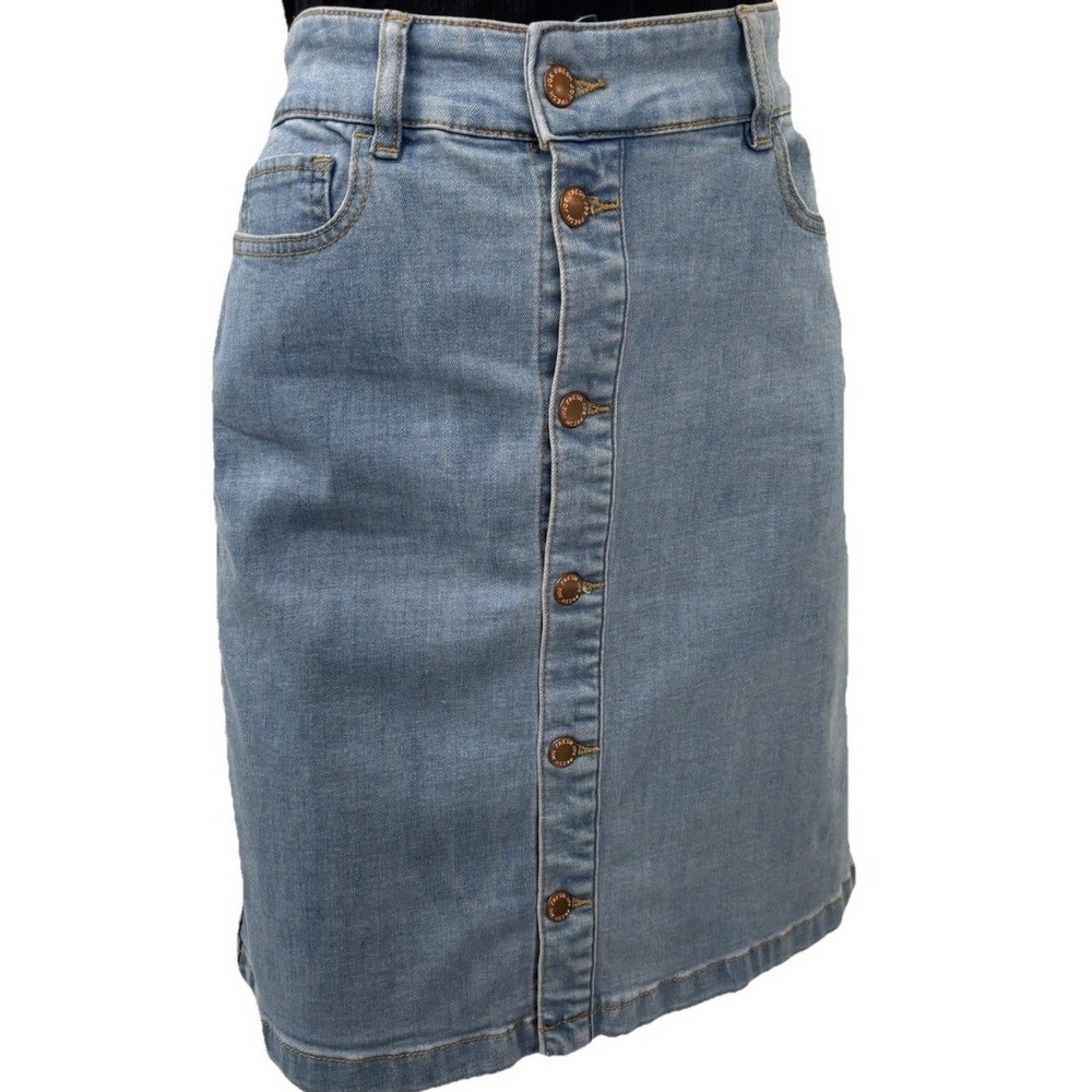 Joe Fresh Light Blue Denim Button Front Skirt Aline Pockets Belt Loops Stretch 6